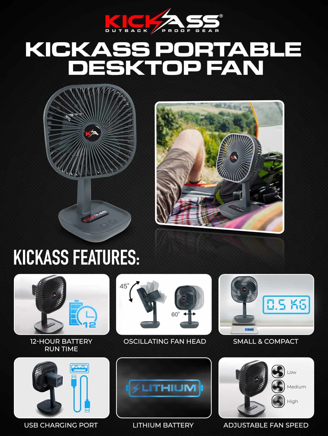 KA5VFAN - Kickass Small Portable Desktop Fan Dark Grey