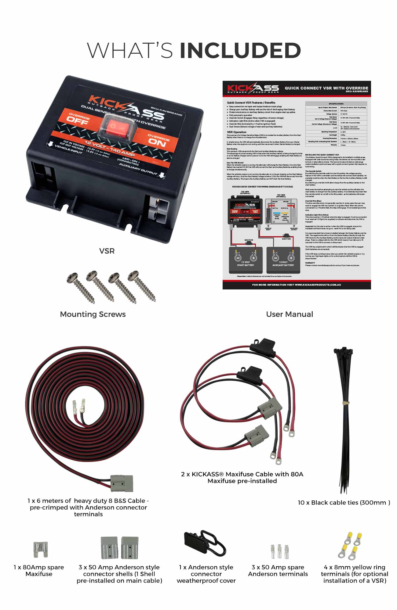 KADBWK8MMVSR2AND - KICKASS Plug & Play Dual Battery System Wiring Kit & Dual Sensing VSR