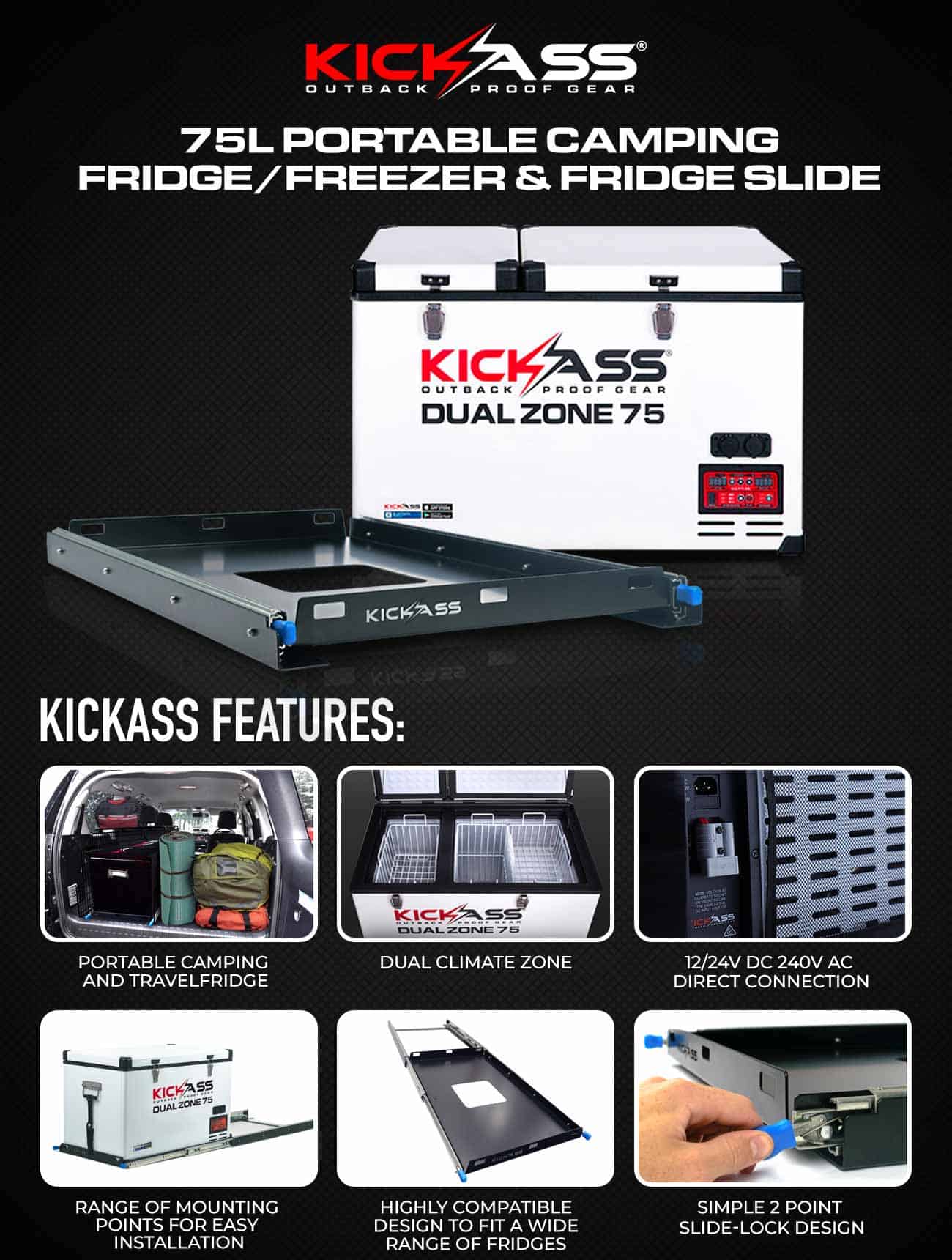 KAF-75DZ - KICKASS 75L Portable Camping Fridge Freezer Dual Zone