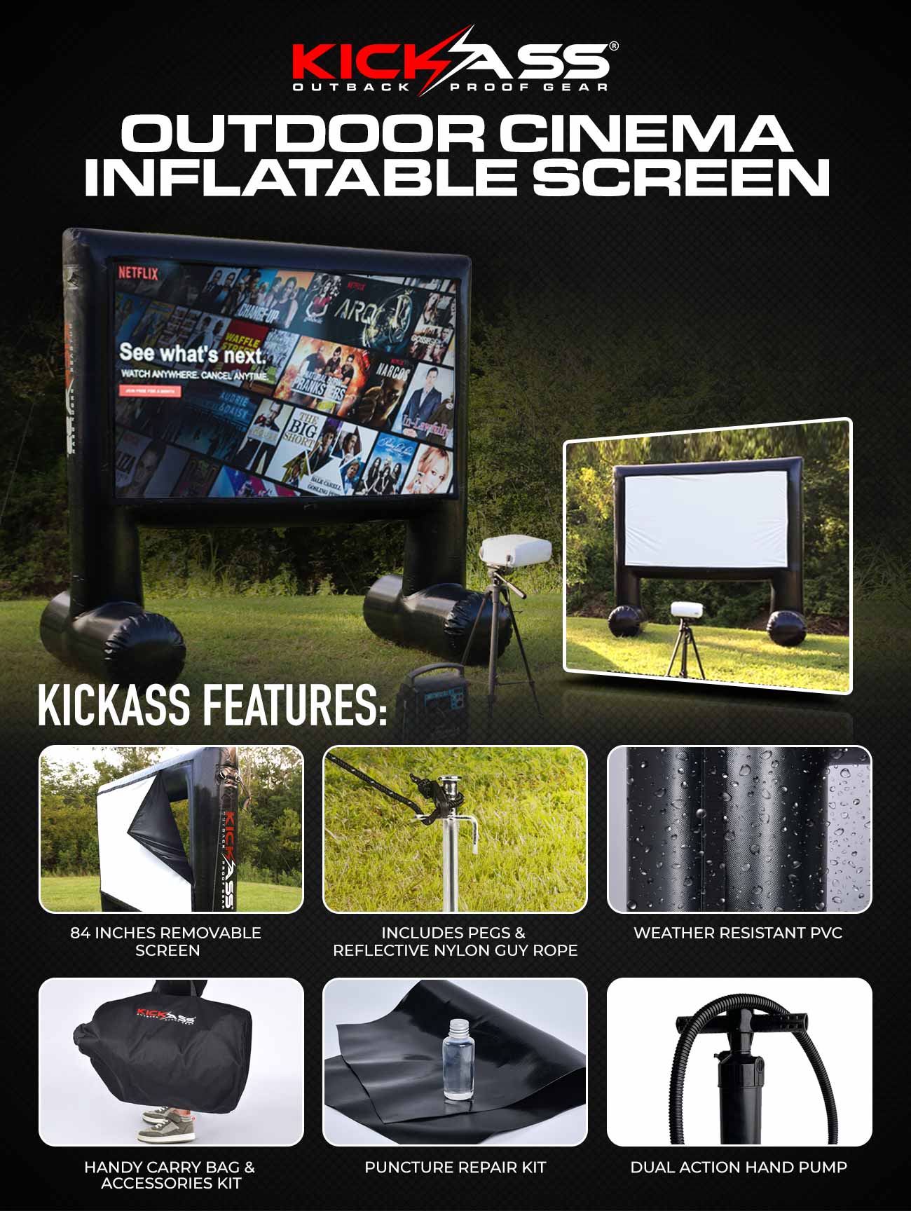 KAODCINFSCREEN - KICKASS Portable Outdoor Cinema Inflatable 84 Inch Projector Screen