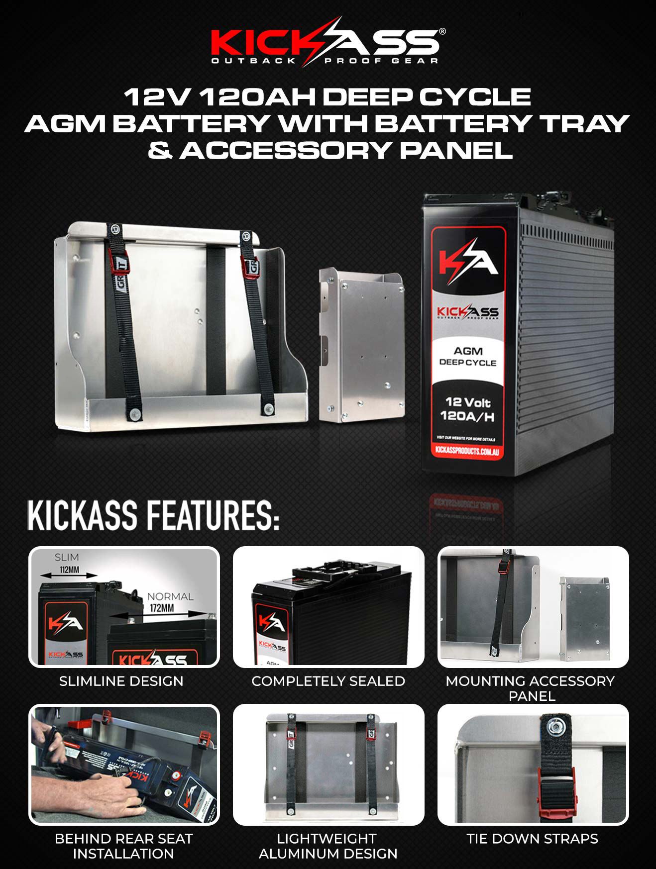 KICKASS 12V 120AH Slimline Deep Cycle AGM Battery with Tray & Accessory Panel