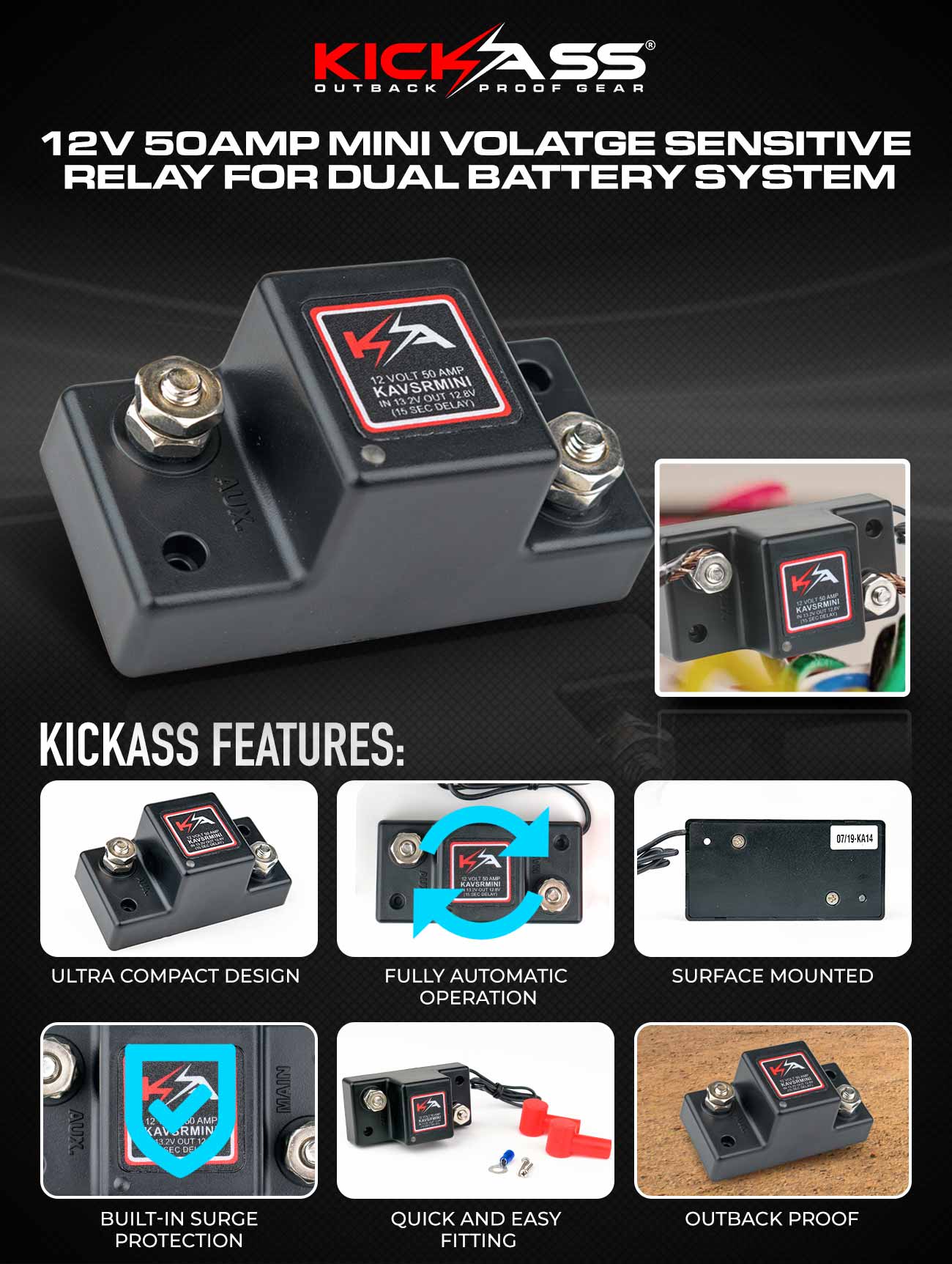 KAVSRMINI - KICKASS 12 Volt 50 amp Mini Voltage Sensitive Relay for Dual Battery System