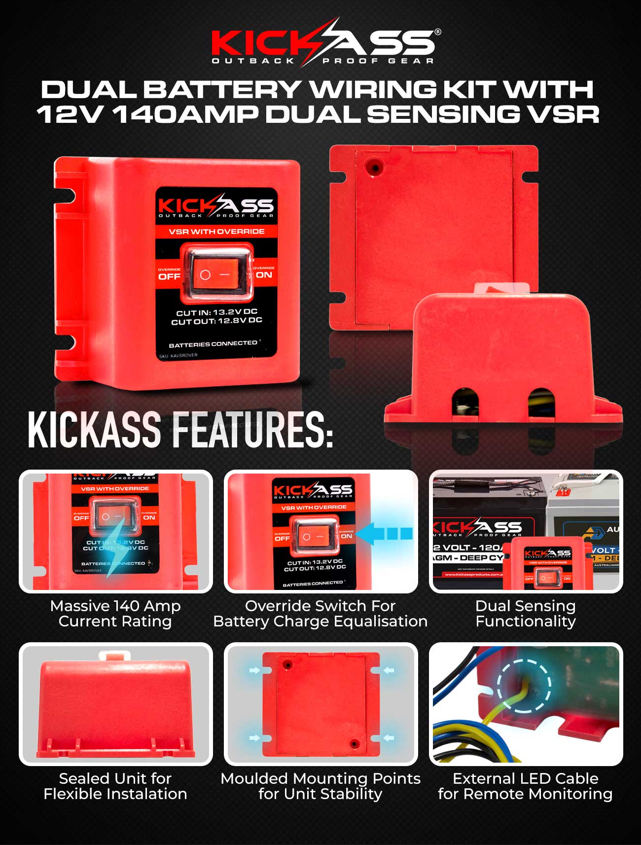 KAVSROVER - KICKASS 12 Volt 140 Amp Dual Sensing Voltage Sensitive Relay