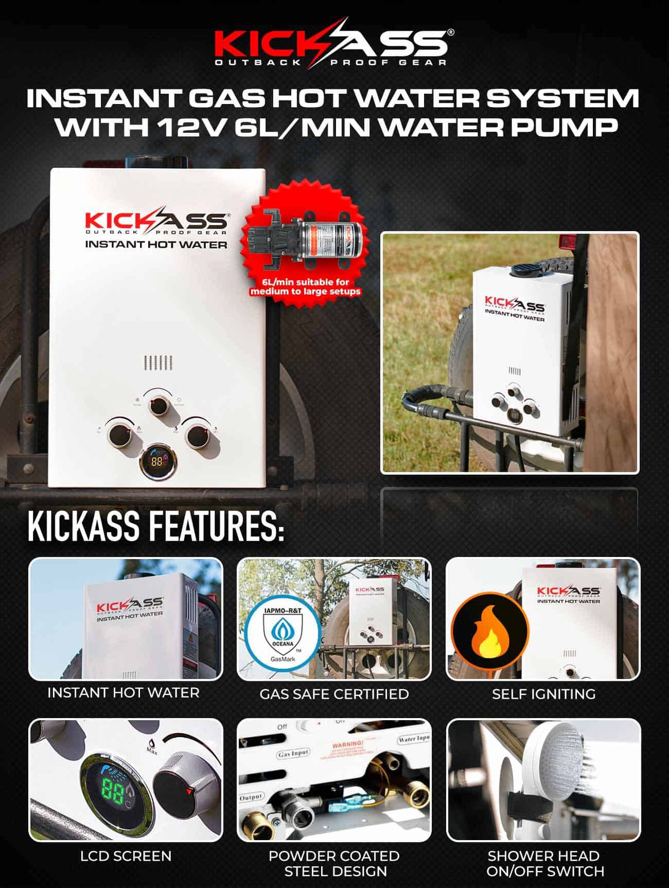 KAHWSGAS8_6 - KICKASS Instant Gas Hot Water System with 12V 6L/min Water Pump