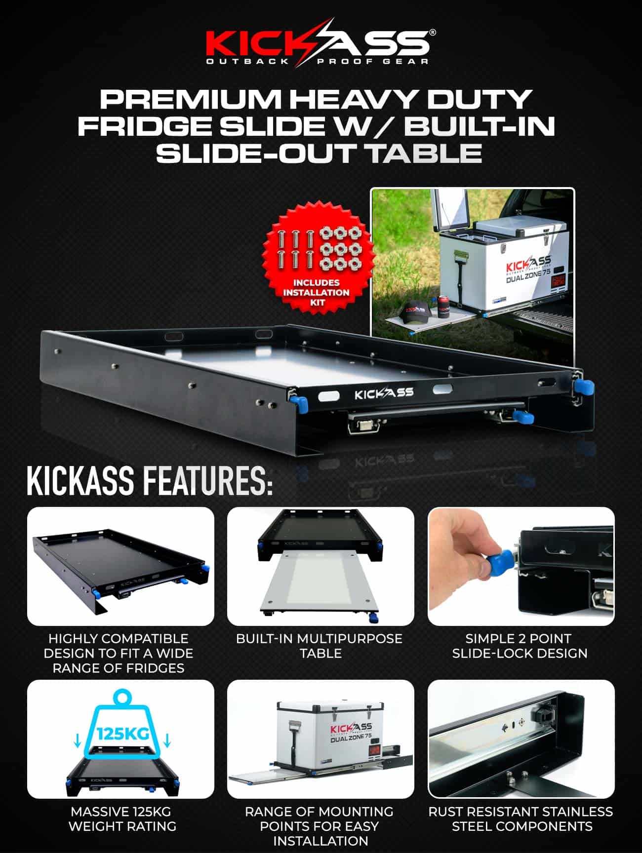 KASLIDEPR - KICKASS Premium Heavy Duty Fridge Slide - Built in Slide-out Table 
