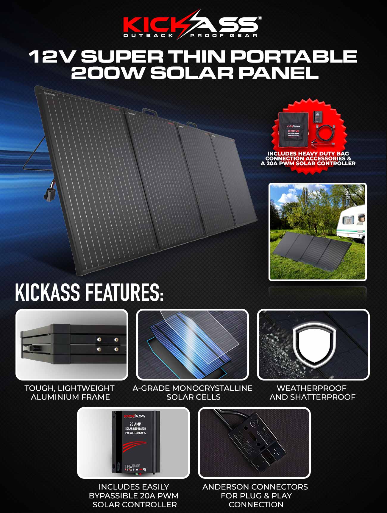KICKASS 12V 200W Super Thin Portable Solar Panel