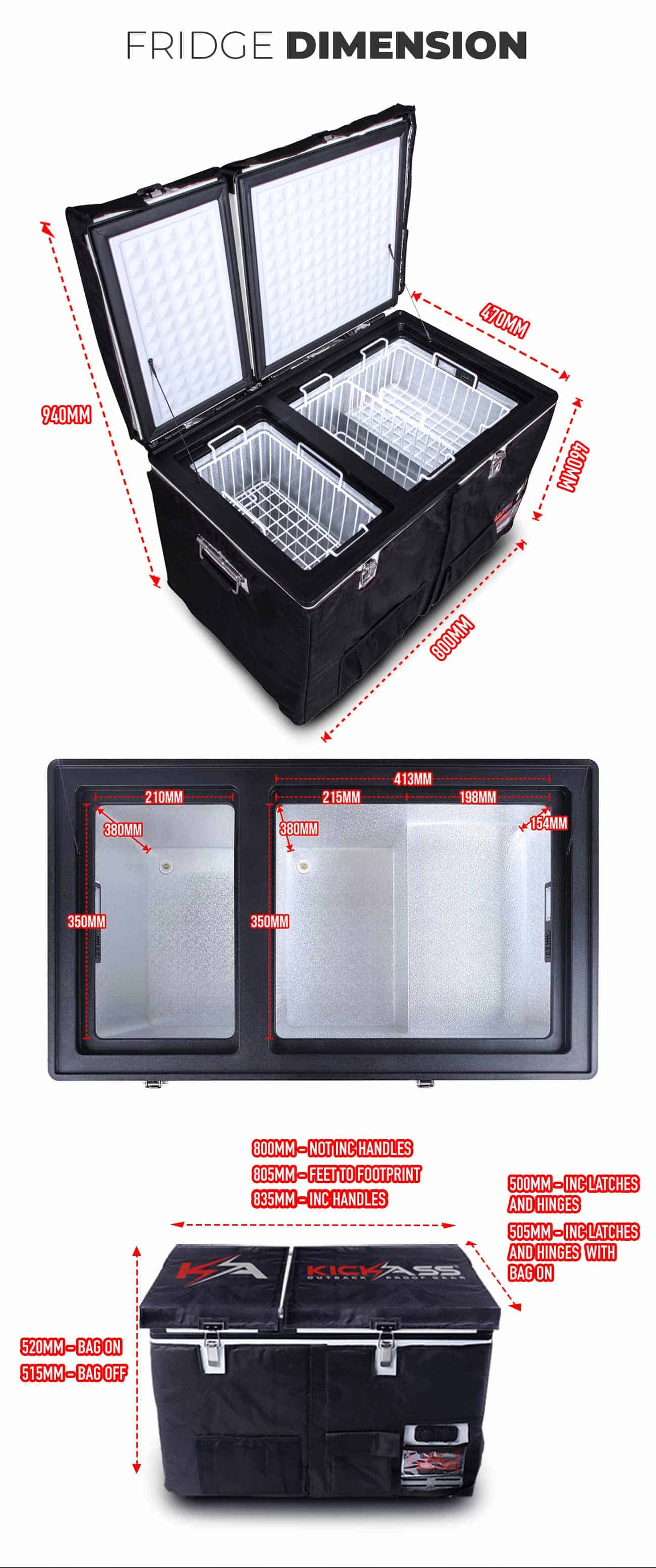 KICKASS Portable Fridge Freezer Dual Zone 75L - Dimensions
