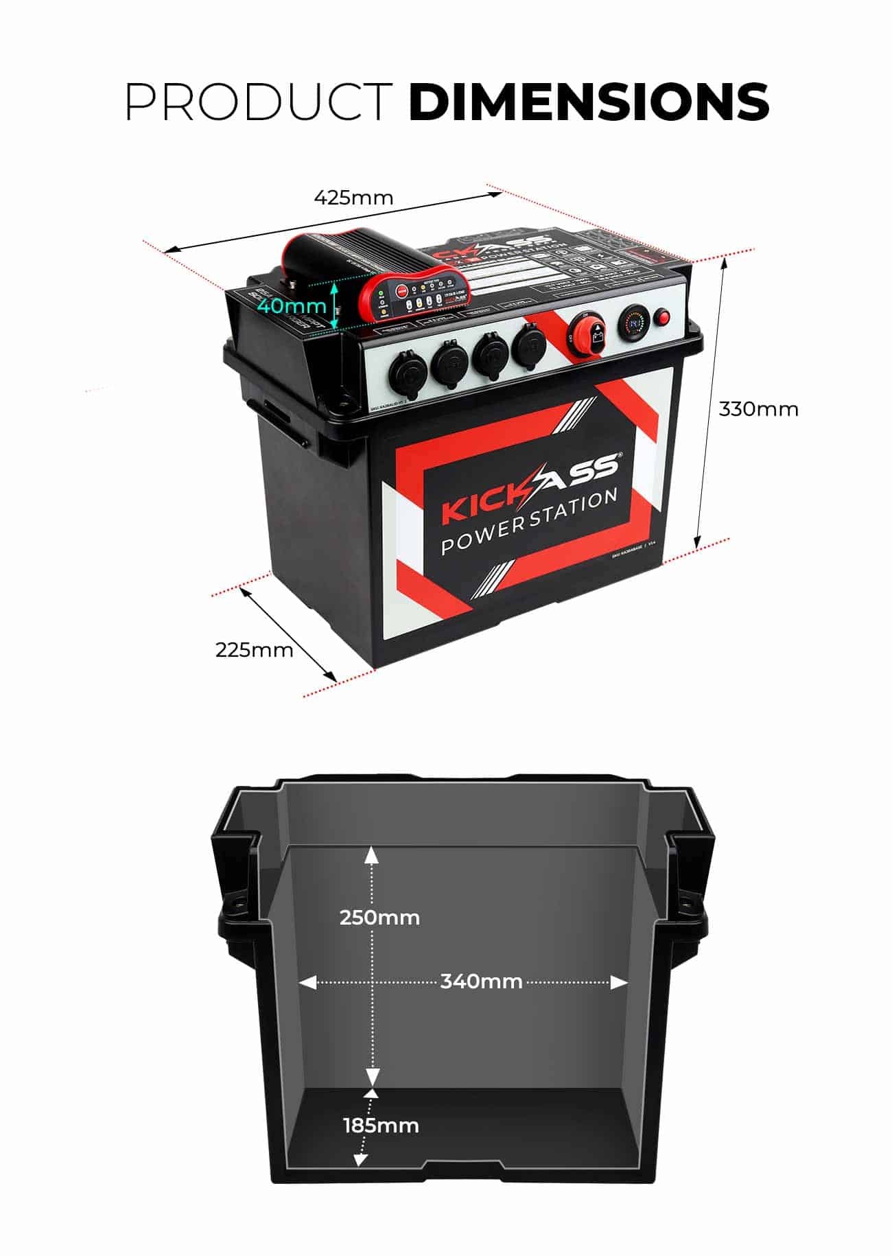 Portable Battery Box Power Station with Integrated 25A DC-DC Charger - Product Dimensions