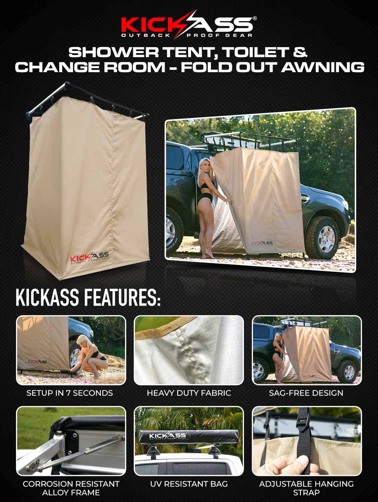 KICKASS Shower Tent, Toilet & Change Room - Fold Out Awning