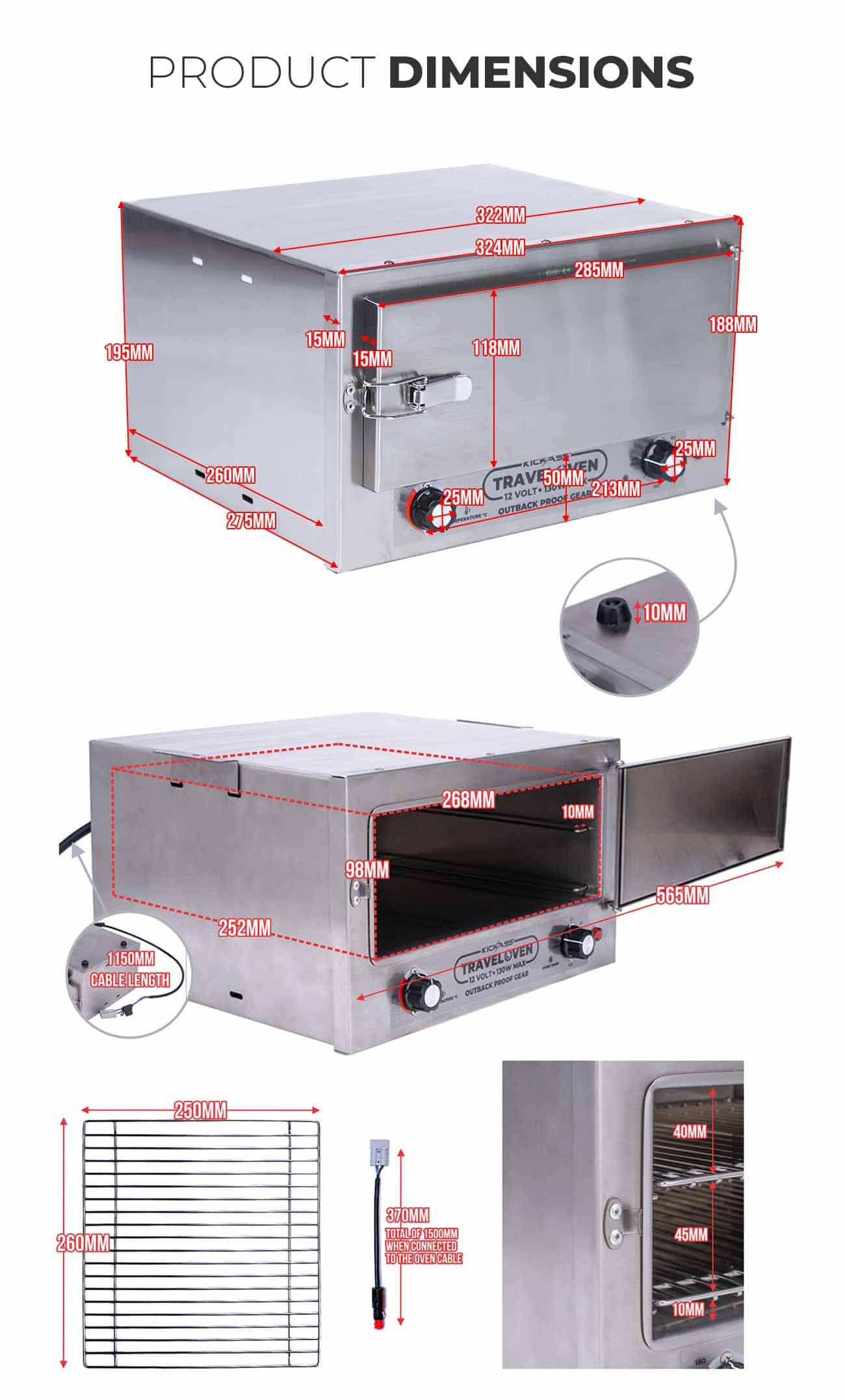 KickAss 12V 130W Portable Travel Oven - Product dimensions